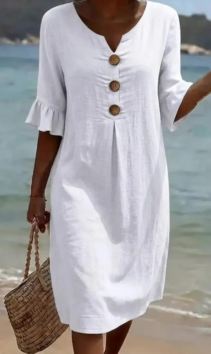 Vanesa | Vestido con textura de lino con manga abullonada y botones para Mujer - Imagen 2