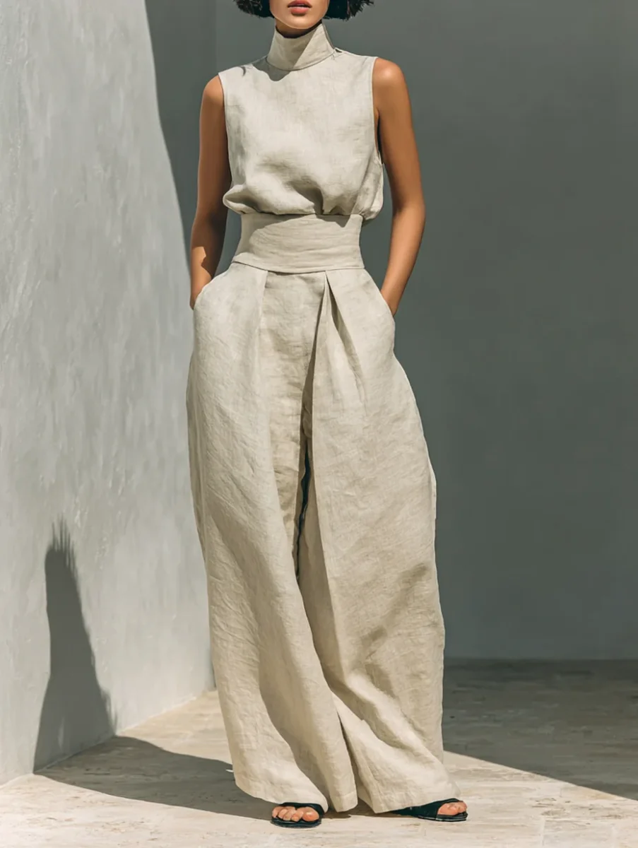 Aida - Conjunto de Blusa Sin Mangas y Pantalones de Pierna Ancha en Algodón y Lino Minimalista para Mujer - Imagen 2