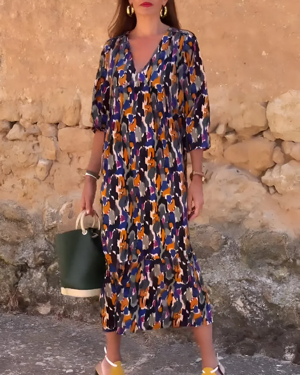 Nathalie | Vestido con cuello en V y estampado retro - Imagen 4