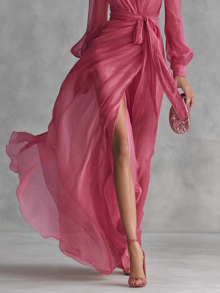 Cindy - Vestido de Chiffon Rosa con Escote en V para Mujer - Imagen 5
