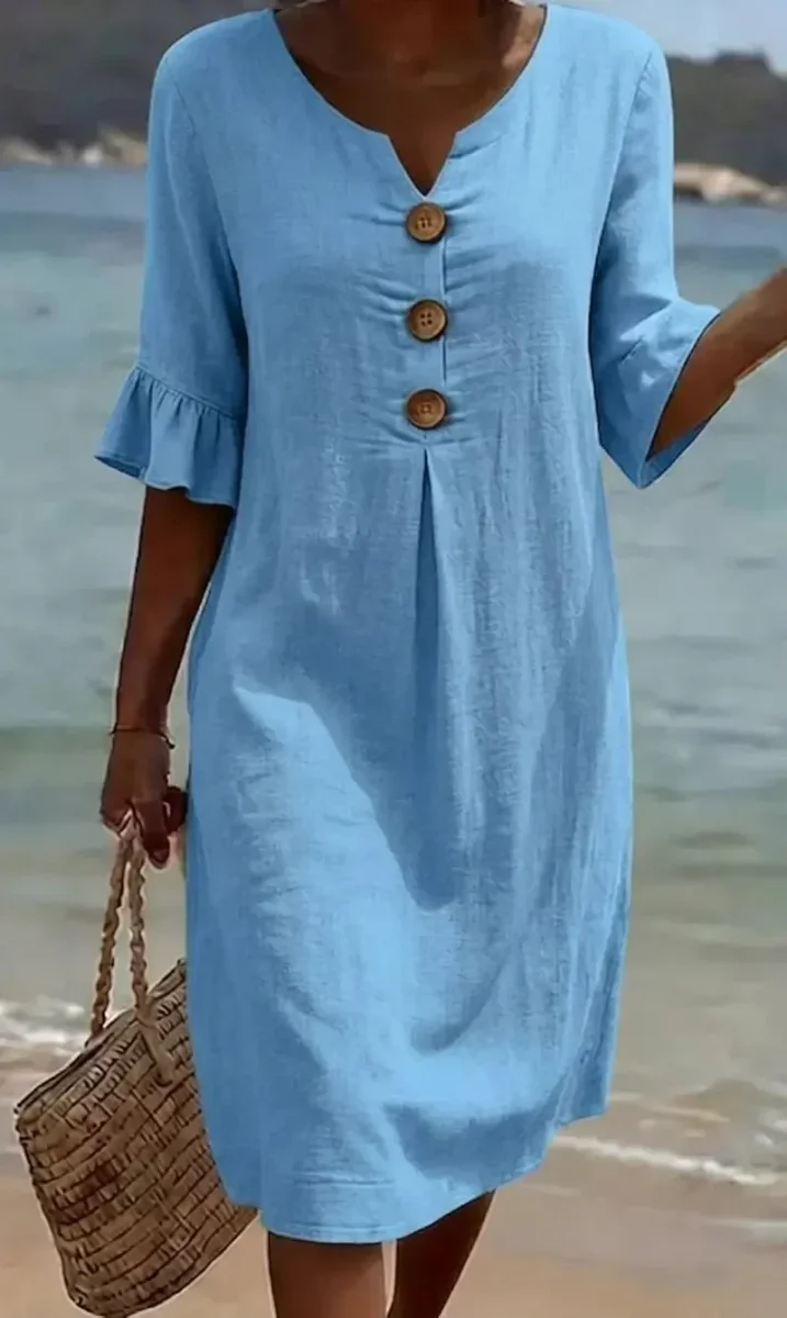 Vanesa | Vestido con textura de lino con manga abullonada y botones para Mujer - Imagen 6