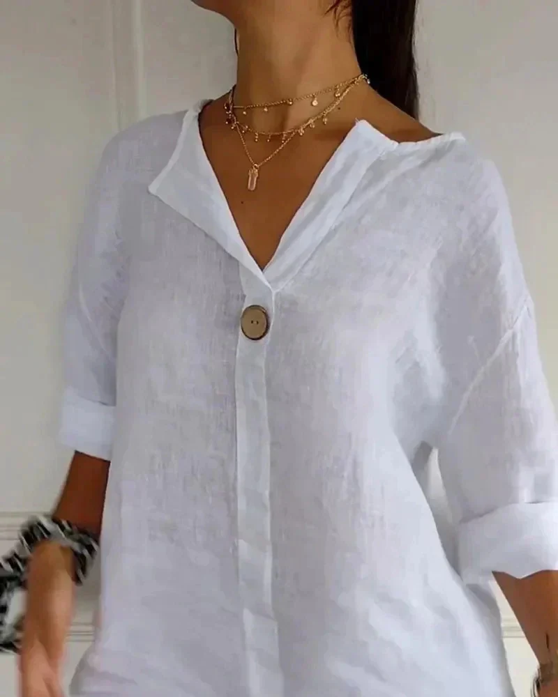 ARAI - Top de algodón y lino con cuello en V y botones - Imagen 3