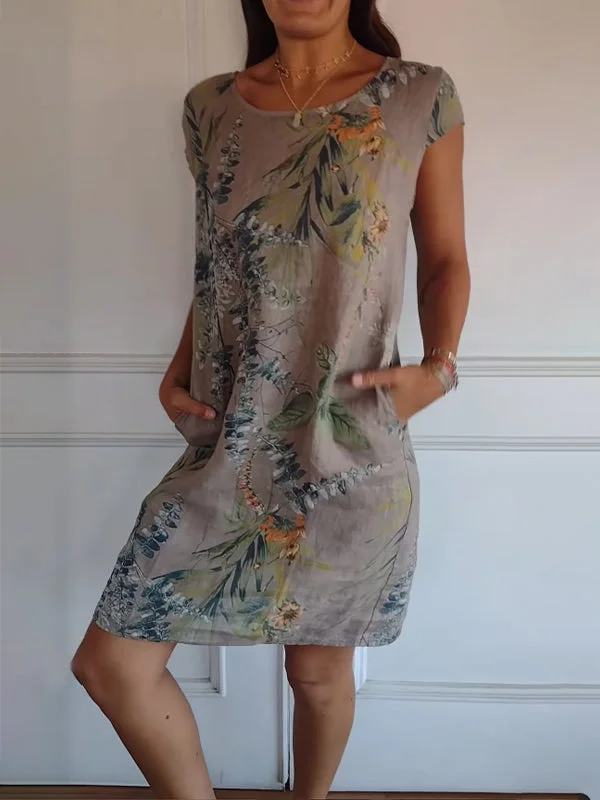 Grace™ Vestido estampado de cuello redondo de algodón y lino para mujer - Imagen 3