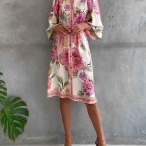 Rosalva - Vestido de Manga Lámpara con Cuello Fruncido Impreso para Mujer