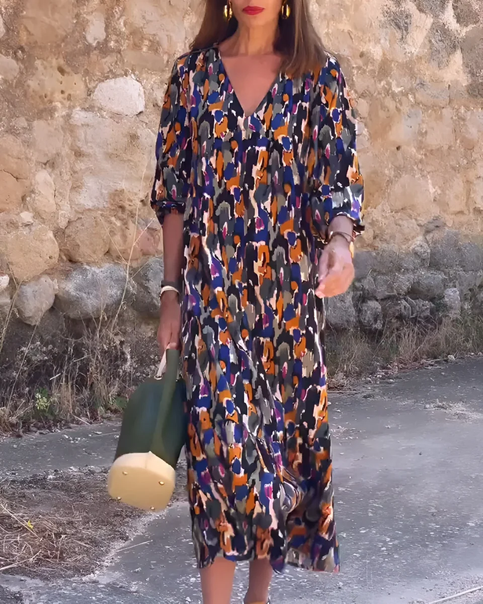 Nathalie | Vestido con cuello en V y estampado retro - Imagen 6