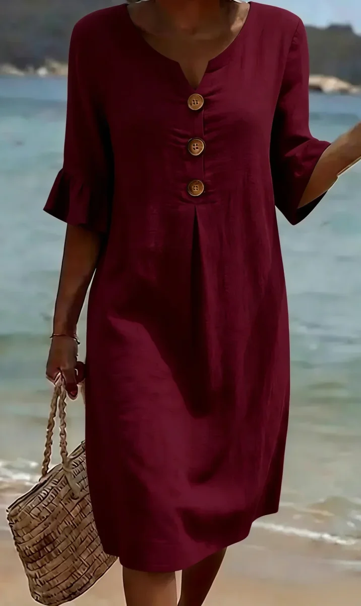 Vanesa | Vestido con textura de lino con manga abullonada y botones para Mujer - Imagen 9
