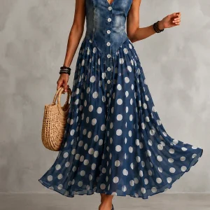 Rusca - Elegante vestido largo sin mangas de mezclilla falsa con lunares para Mujer
