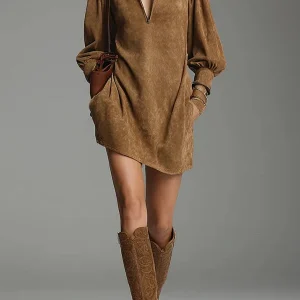 Andrea - Vestido mini de ante con cremallera y escote en V de corte holgado y elegante
