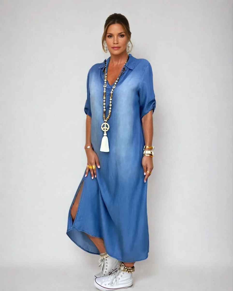 Lea | Vestido largo de efecto denim con abertura lateral - Imagen 3