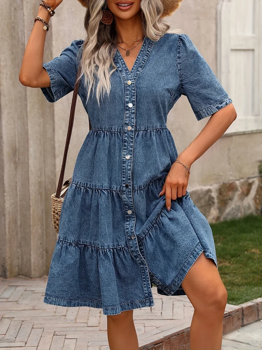 Elyna – Vestido corto vaquero con volantes, mangas cortas y escote en pico - Imagen 5