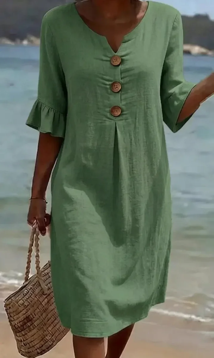 Vanesa | Vestido con textura de lino con manga abullonada y botones para Mujer - Imagen 7
