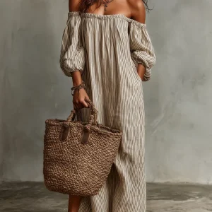Carmen | Vestido largo de algodón y lino con hombros descubiertos para Mujer