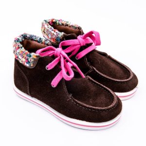 Botita infantil para niñas en ante con cuello en fantasia y con cordones bicolor y suela deportiva