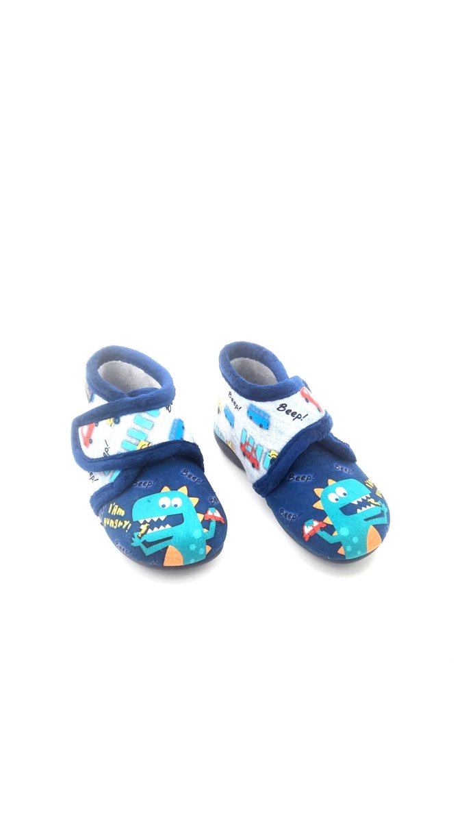 Botita para casa de velcro con suela antideslizante con dibujos de Dinosaurio come autos - Imagen 3
