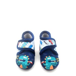 Botita para casa de velcro con suela antideslizante con dibujos de Dinosaurio come autos