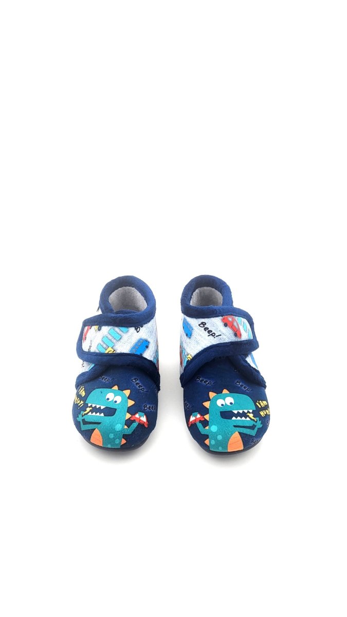 Botita para casa de velcro con suela antideslizante con dibujos de Dinosaurio come autos - Imagen 2
