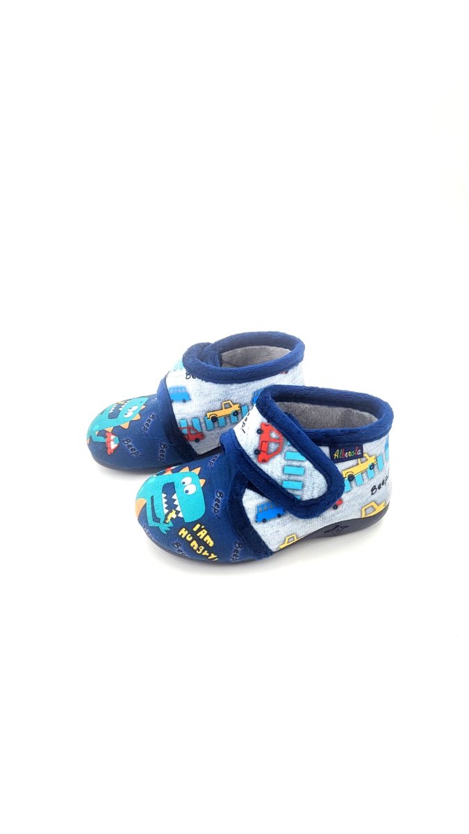 Botita para casa de velcro con suela antideslizante con dibujos de Dinosaurio come autos - Imagen 4
