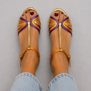 Tola - Sandalias doradas con hebilla y tira multicolor para Mujer