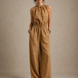 Zenaide | Mono color camello con escote alto anudado y pierna ancha para Mujer