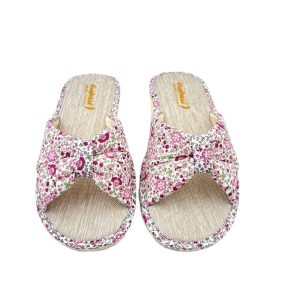 Zapatillas de casa abierta con estampado floral y lazo decorativo