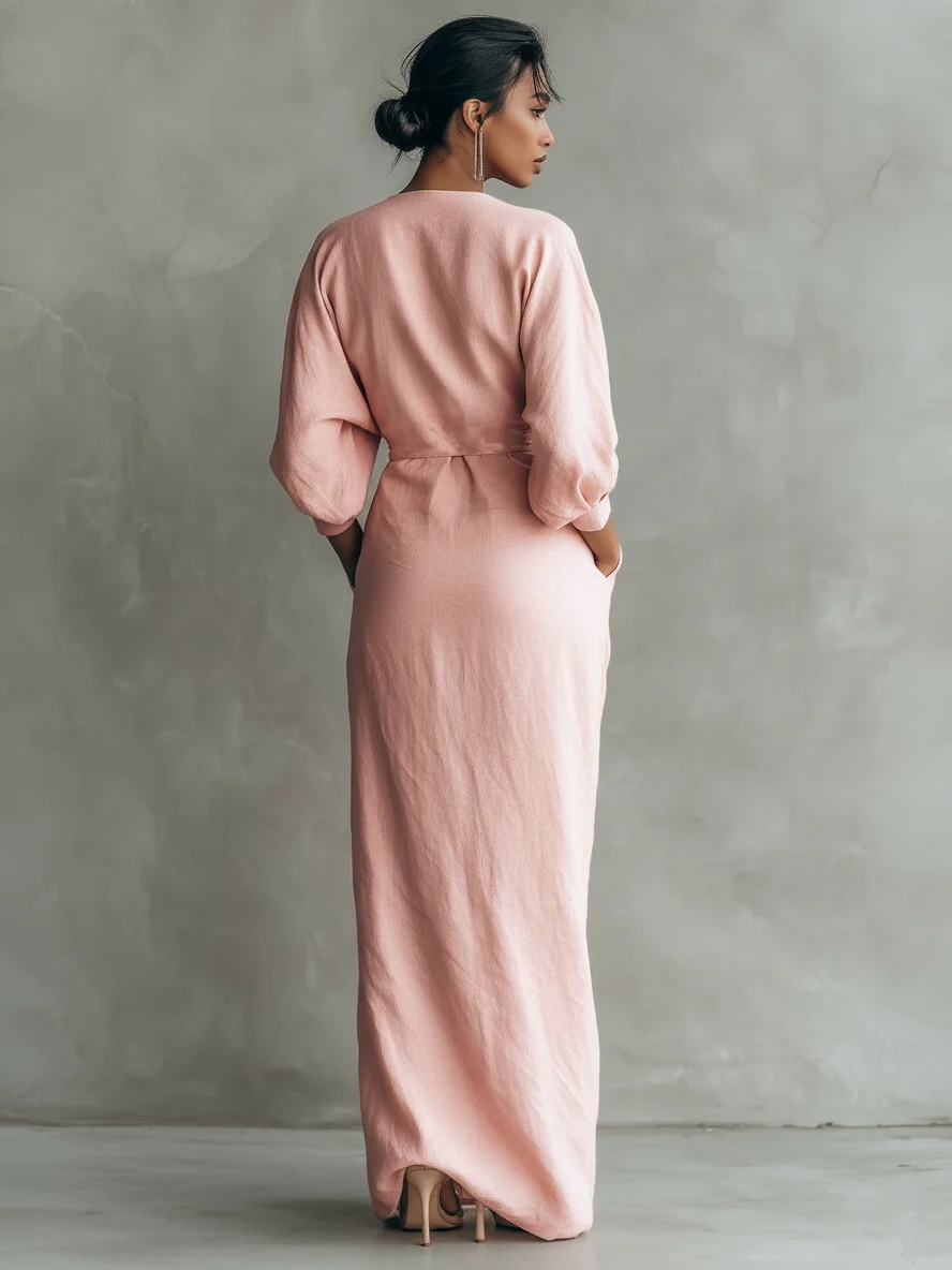 Rosa - Vestido Maxi Minimalista Rosa con escote en V en mezcla de Lino para Mujer - Imagen 3