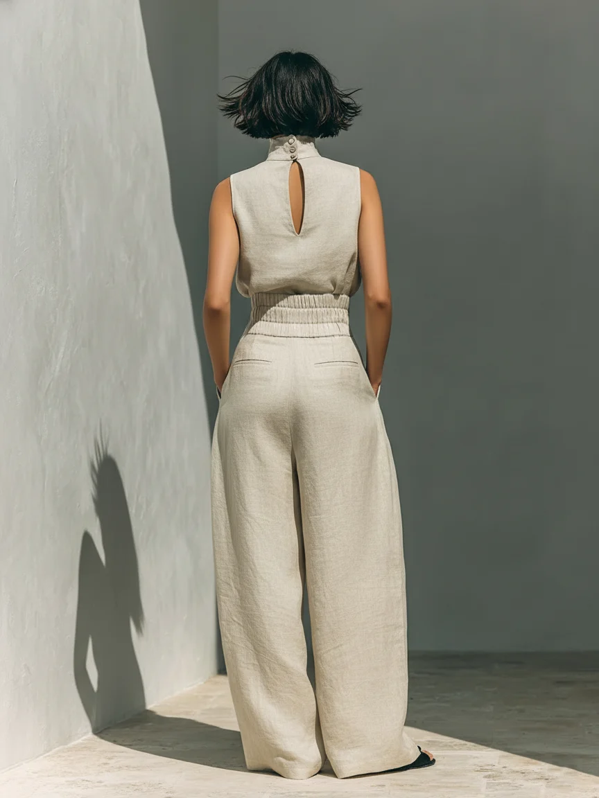Aida - Conjunto de Blusa Sin Mangas y Pantalones de Pierna Ancha en Algodón y Lino Minimalista para Mujer - Imagen 3