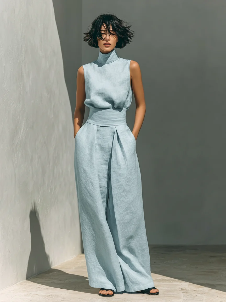 Aida - Conjunto de Blusa Sin Mangas y Pantalones de Pierna Ancha en Algodón y Lino Minimalista para Mujer - Imagen 5