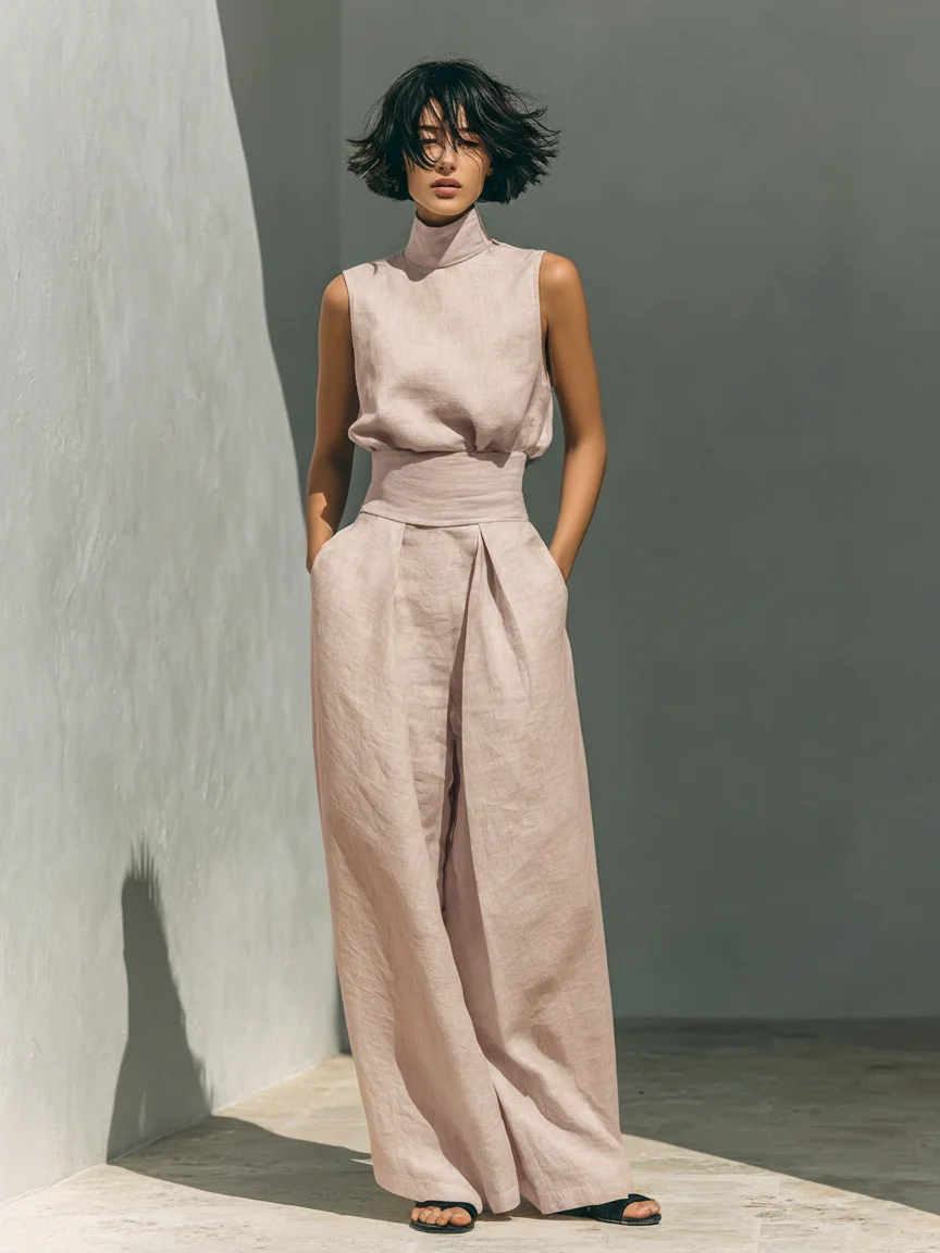 Aida - Conjunto de Blusa Sin Mangas y Pantalones de Pierna Ancha en Algodón y Lino Minimalista para Mujer - Imagen 6