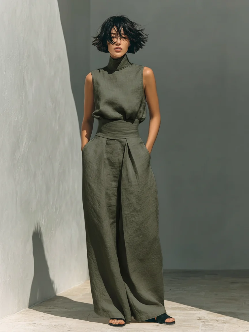 Aida - Conjunto de Blusa Sin Mangas y Pantalones de Pierna Ancha en Algodón y Lino Minimalista para Mujer - Imagen 4