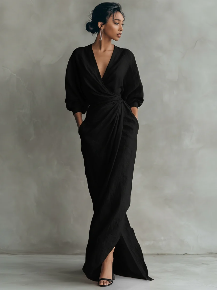 Rosa - Vestido Maxi Minimalista Rosa con escote en V en mezcla de Lino para Mujer - Imagen 5
