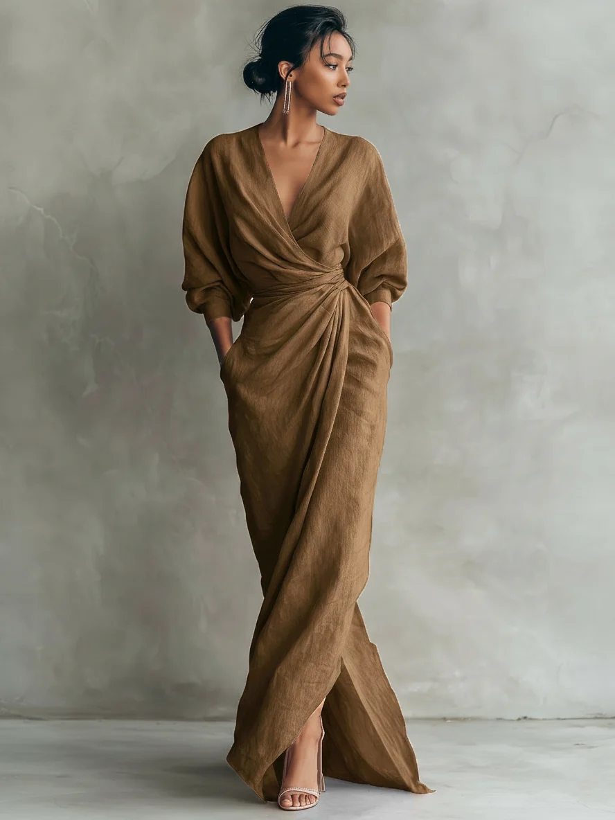 Rosa - Vestido Maxi Minimalista Rosa con escote en V en mezcla de Lino para Mujer - Imagen 4
