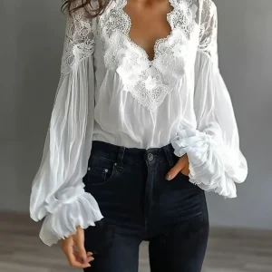 Laceva | Blusa con encaje floral y mangas de farol para Mujer
