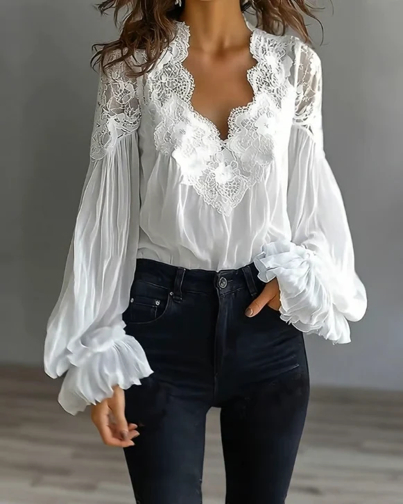 Laceva | Blusa con encaje floral y mangas de farol para Mujer - Imagen 2