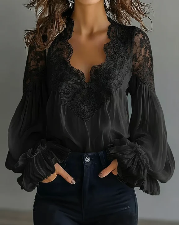 Laceva | Blusa con encaje floral y mangas de farol para Mujer - Imagen 3