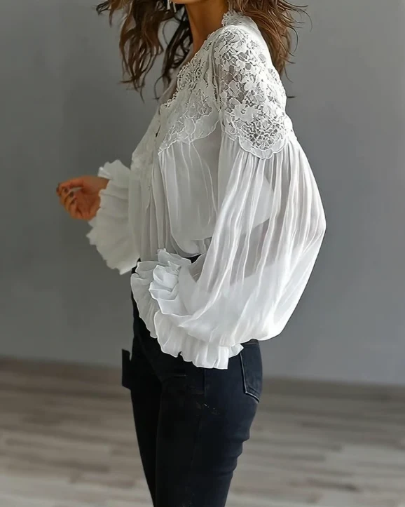 Laceva | Blusa con encaje floral y mangas de farol para Mujer - Imagen 4