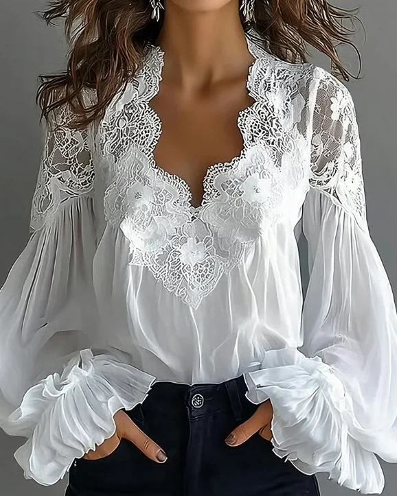Laceva | Blusa con encaje floral y mangas de farol para Mujer - Imagen 5