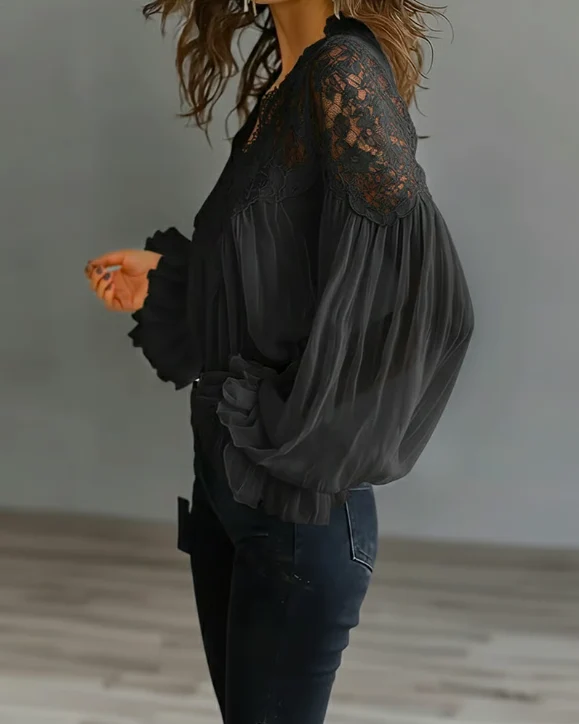 Laceva | Blusa con encaje floral y mangas de farol para Mujer - Imagen 6
