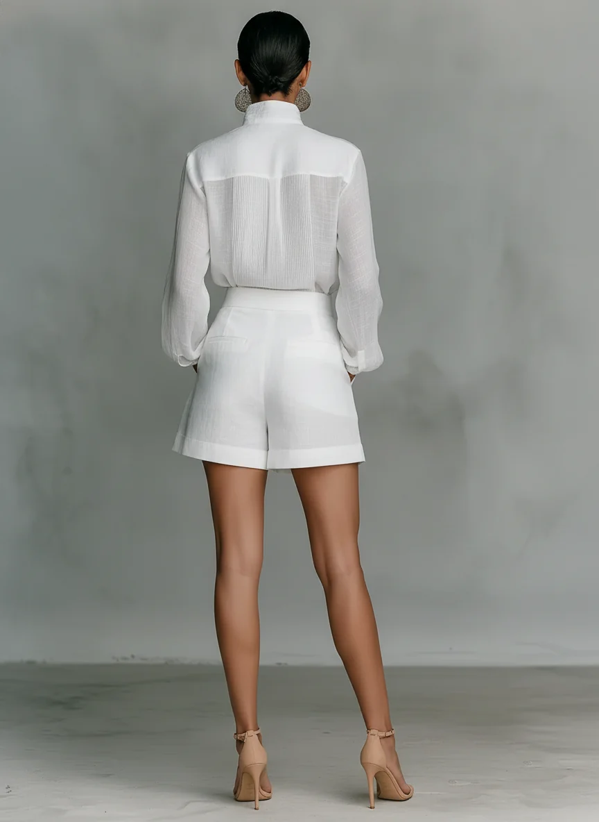Elisabetta | Conjunto blanco con camisa de cuello mao y pantalones cortos para Mujer - Imagen 6