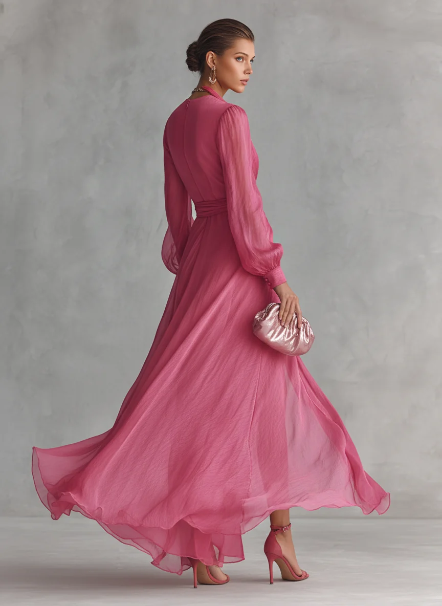 Cindy - Vestido de Chiffon Rosa con Escote en V para Mujer - Imagen 6