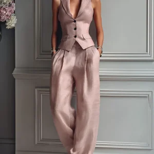 Lorie - Conjunto de dos piezas para mujer con cuello en V y botones para Mujer