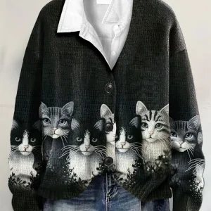 Lien – Blusa de punto con estampado de gatos