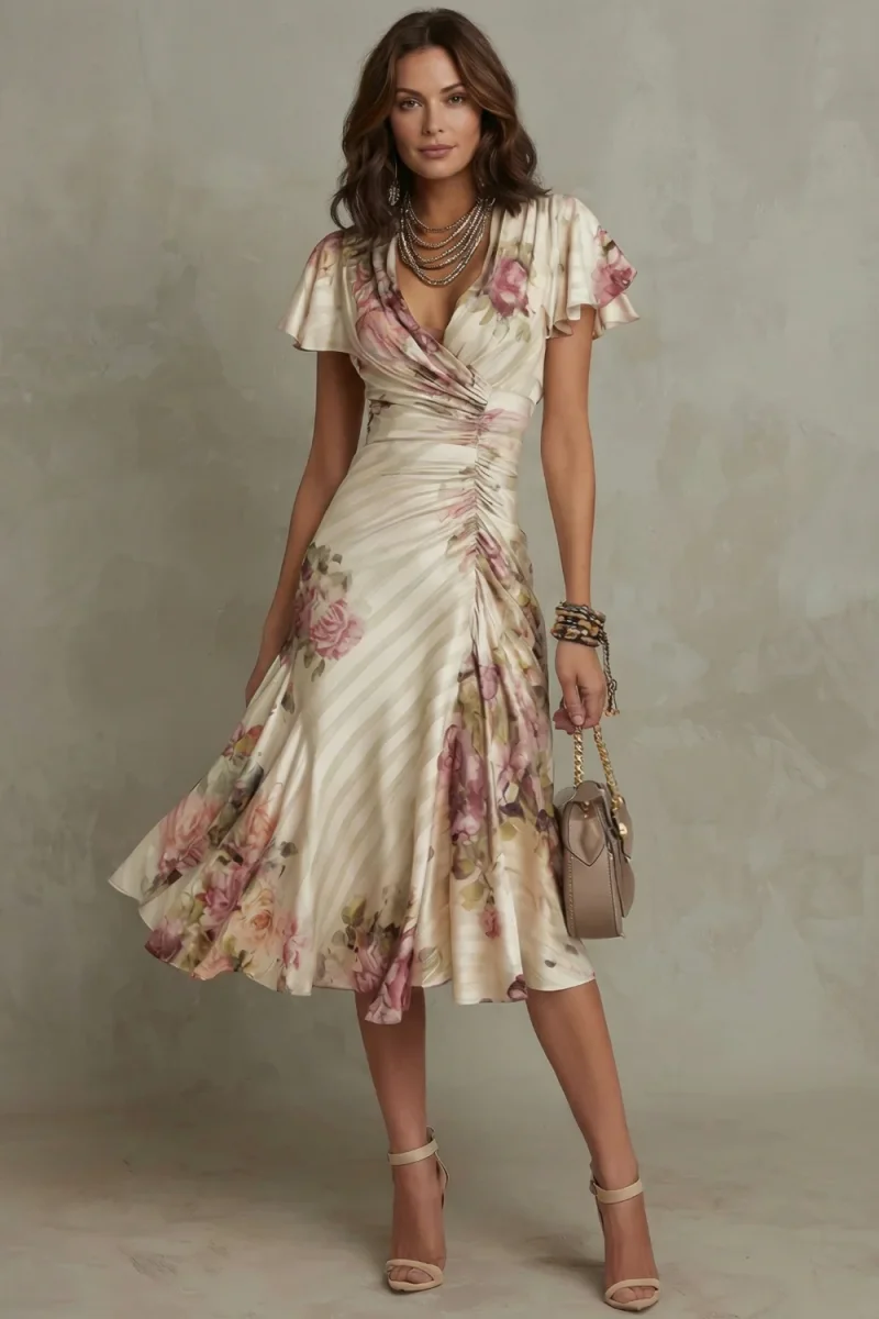 Rosavienne | Vestido midi Romántico vintage de satén para Mujer - Imagen 3