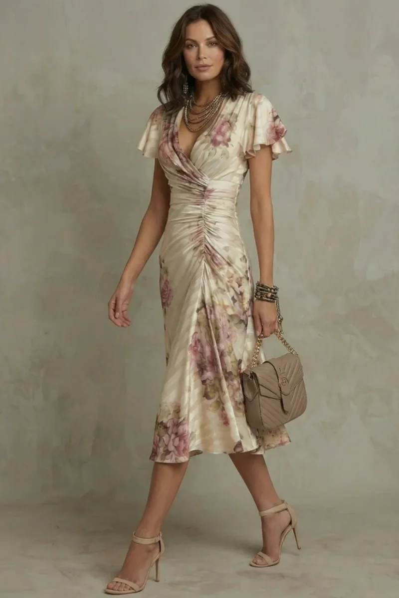 Rosavienne | Vestido midi Romántico vintage de satén para Mujer - Imagen 4
