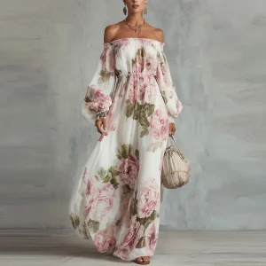 Pivoine | Vestido Maxi Floral con Hombros Descubiertos, Mangas Largas para Mujer