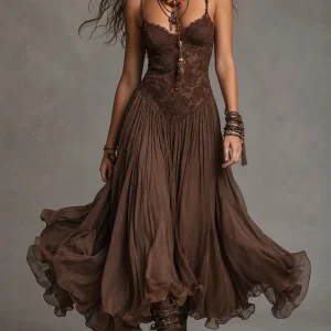 Natalia - Vestido Maxi de Chiffon con Paneles de Encaje Marrón Oscuro para Mujer
