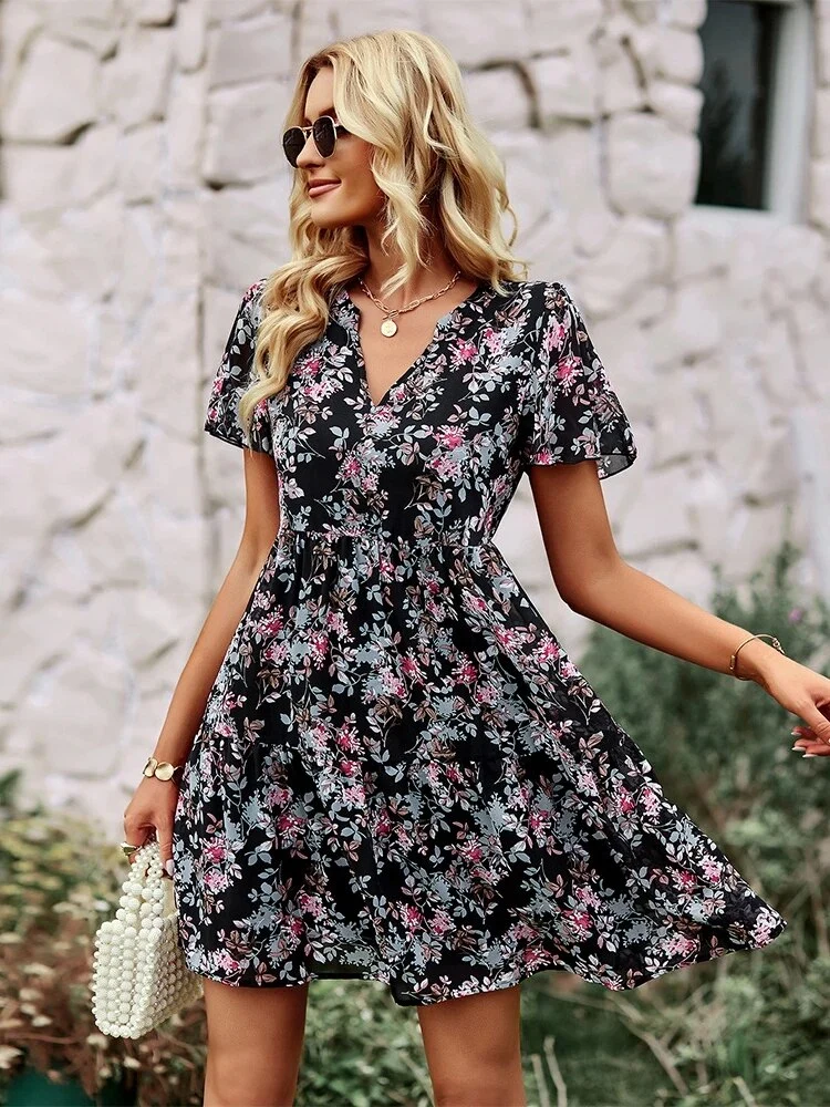 Noa™ Vestido floral de manga corta con cuello en V - Imagen 3