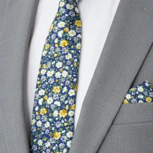 Set Corbata y Pañuelo Floral Azul con Amarillo