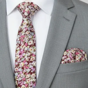 Set Corbata y Pañuelo Floral Fucsia sobre Bordó