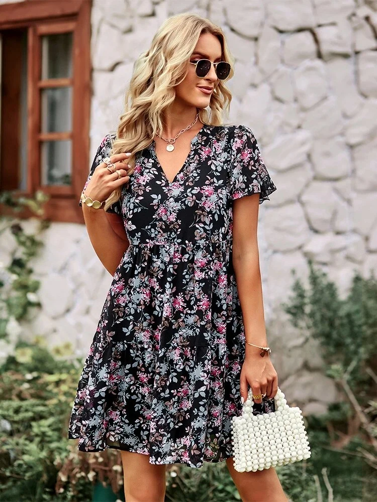 Noa™ Vestido floral de manga corta con cuello en V - Imagen 5
