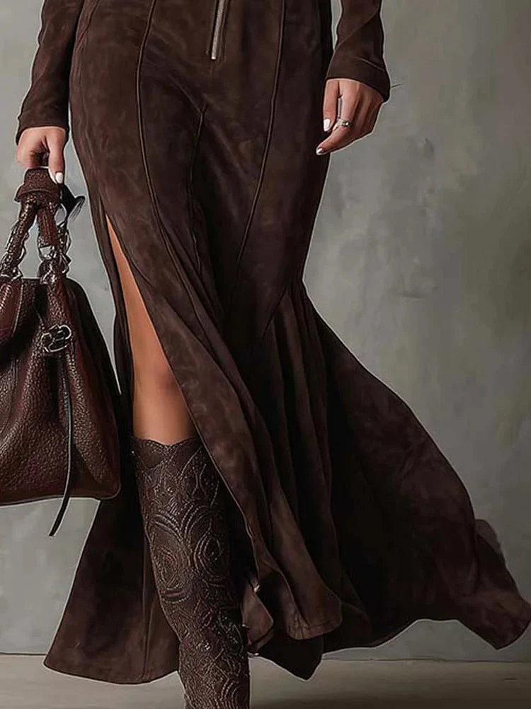 Cataina™ | Vestido largo vintage marrón con cinturón - Imagen 4